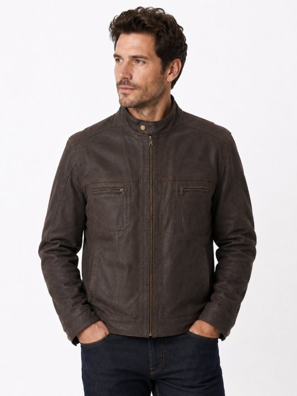 DANIER Nubuck Leather Motorcycle Coat Jacket Brown Large Biker Grunge Neutral